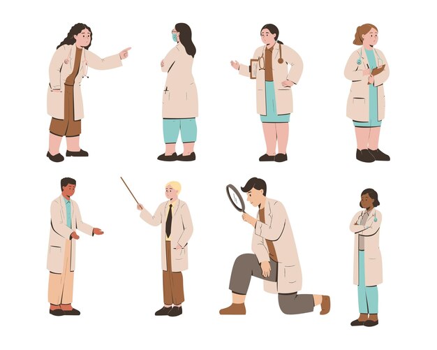 Set of doctors in different situations Vector illustration in cartoon style