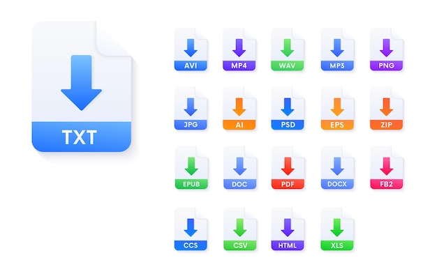 Set of document file formats download icons. Pdf,avi,wav,mp3,png,jpg,ai,psd,eps,zip,epub,doc,fb2,ccs,csv,html,xls vector signs.