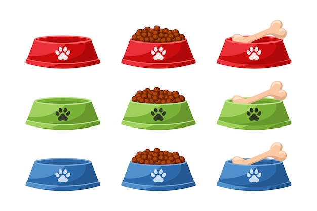 A set of dog bowls empty with bones and dry food Bowls with dog prints Illustration in flat style