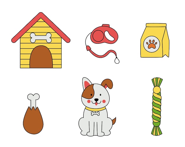 Set of dog and dog accessories in cartoon style