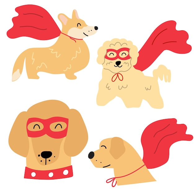 Set of dog wearing superhero costumes. Vector illustration on white background.