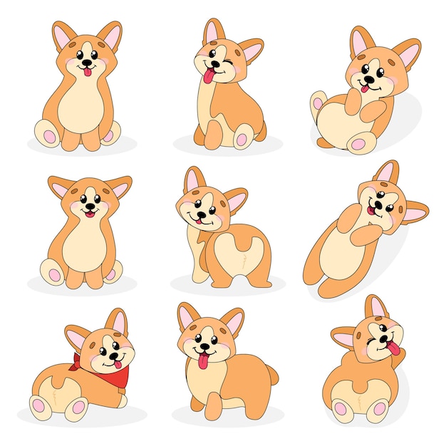 Set of dog welsh corgi in cartoon and hand drawn style