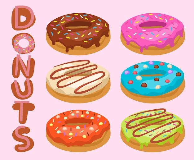 Vector set of donuts in glaze dessert and delicacy pastry and bakery products confectionery and sweets