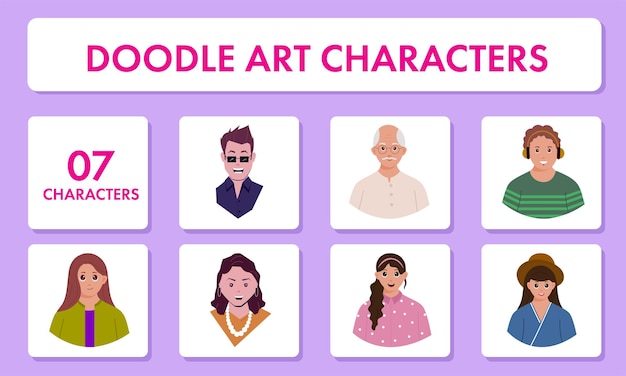 Set Of Doodle Art Man With Woman Character On Purple And White Background