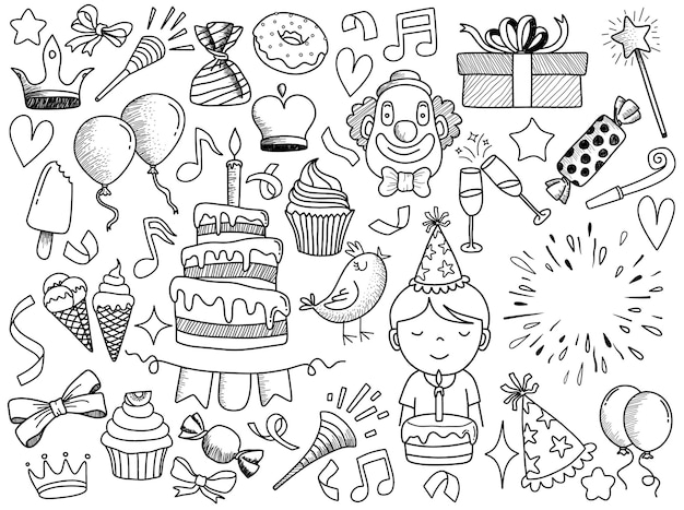 Vector set of doodle birthday party.