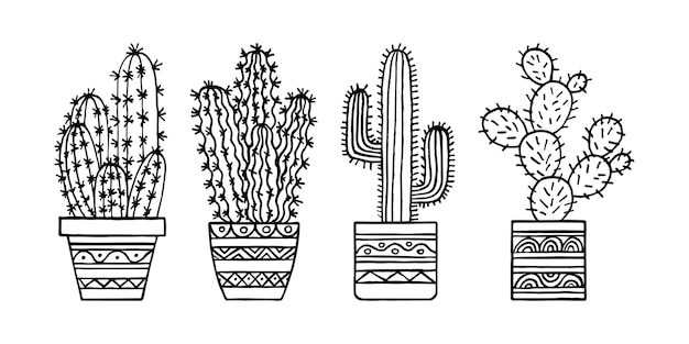 Set of doodle cacti in pots