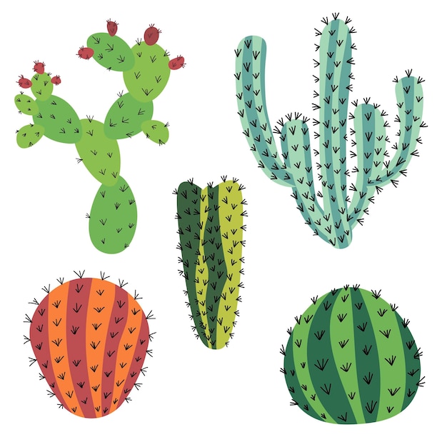 Vector set of doodle cactus isolated on white background