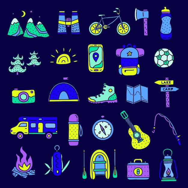 Set of doodle camp and outdoor icons