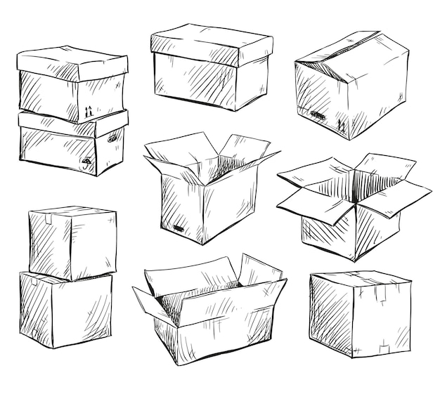 Set of doodle cardboard boxes vector image