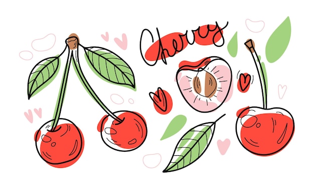 Set of doodle cherries with leaves and handwritten text Color stains with black line