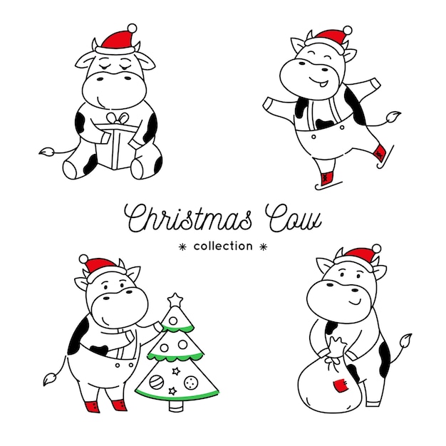 Set of doodle christmas cows in various poses isolated