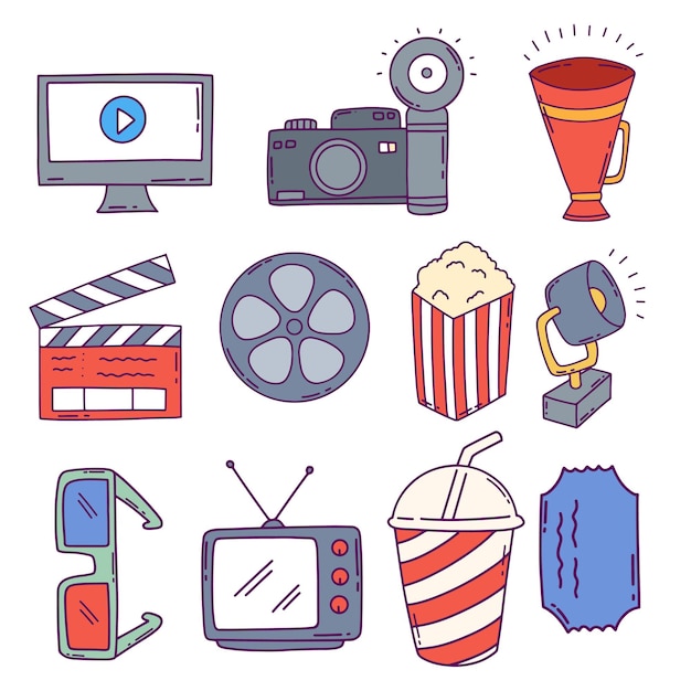 Set of doodle cinema icons on white background