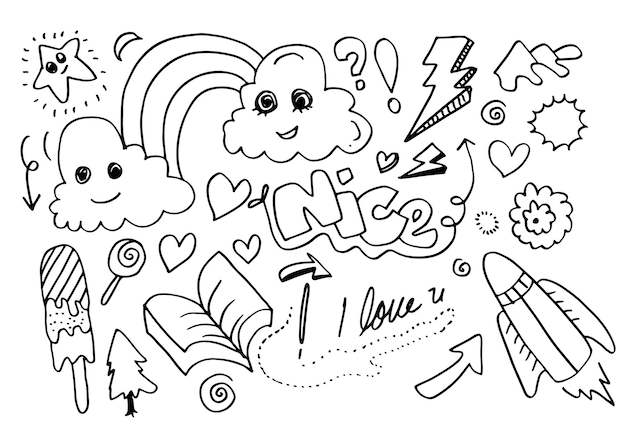 Set of doodle design elements isolated on a white background for design concepts like flowers cloudstarthunderboltrocket bookheartice cream arrows and others