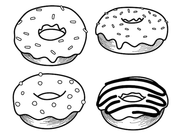 Set of doodle donuts black line.