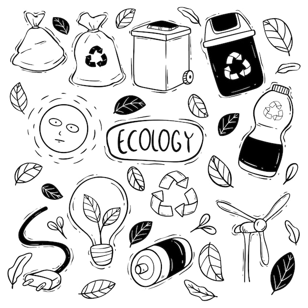 Vector set of doodle ecology icons on white background