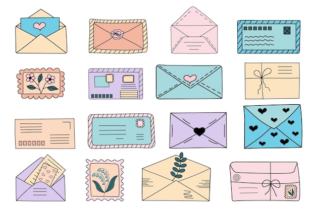 Set of doodle envelopes postage stamps postcards Hand drawn vector illustration