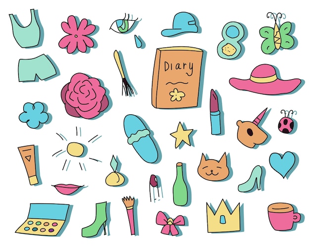 Set of Doodle girl icons elements design