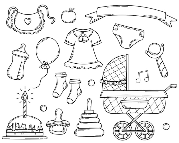 set of doodle hand drawn elements for a newborn baby in sketch style.