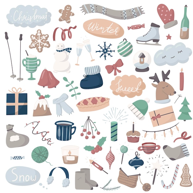 Vector set of doodle icons. cartoon winter and christmas pictures.