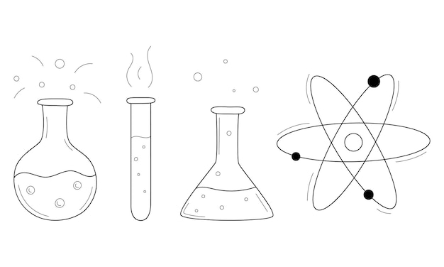 A set of doodle icons with flasks, test tubes,beakers. Inventory, for analysis and chemical research