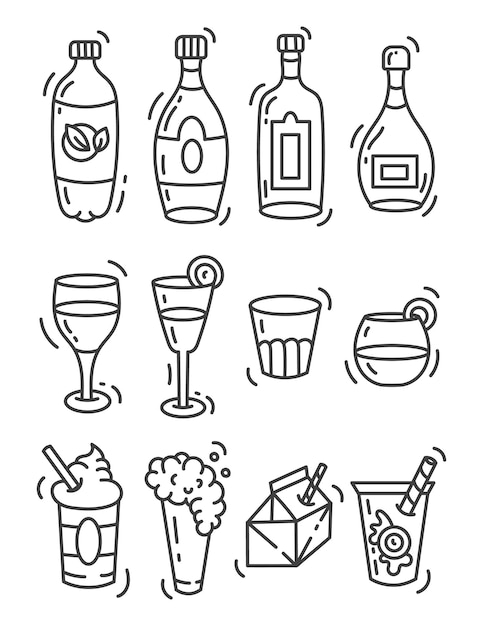 Set of doodle illustrations icons of bottles and cups with drinks