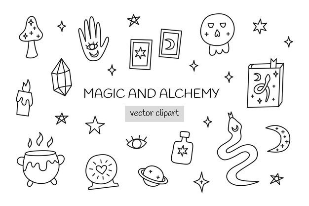 Vector set of doodle magic and alchemy icons