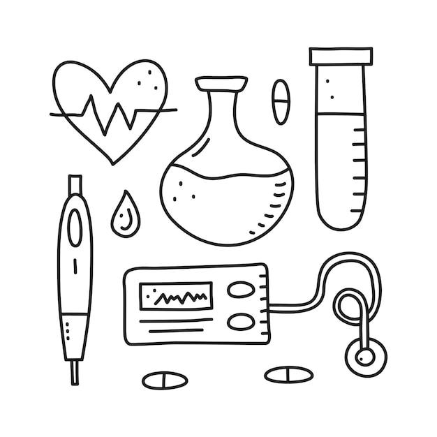 Set of doodle outline diabetes items