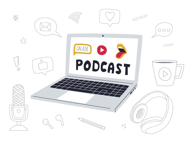 Set of doodle outline podcast elements symbols icons And open laptop with a Podcast word open mouth and Play button on screen Microphone headphones Vector illustration islolated on white