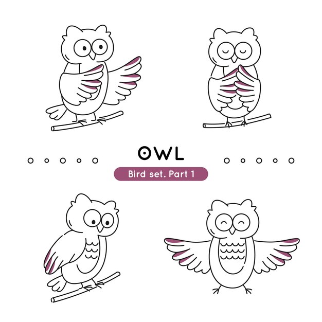 Vector set of doodle owls in various poses isolated