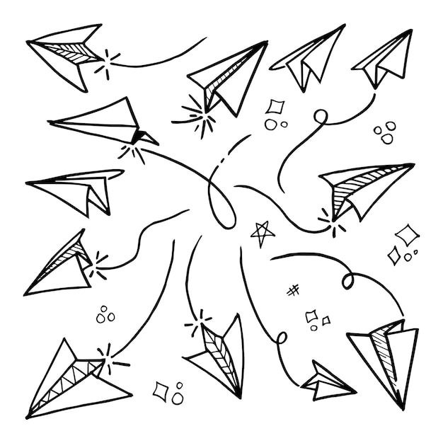 Set of doodle paper plane icon. Hand draw paper airplane. Vector Illustration.