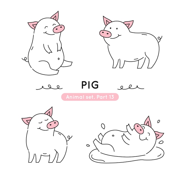 Set of doodle pigs in various poses isolated