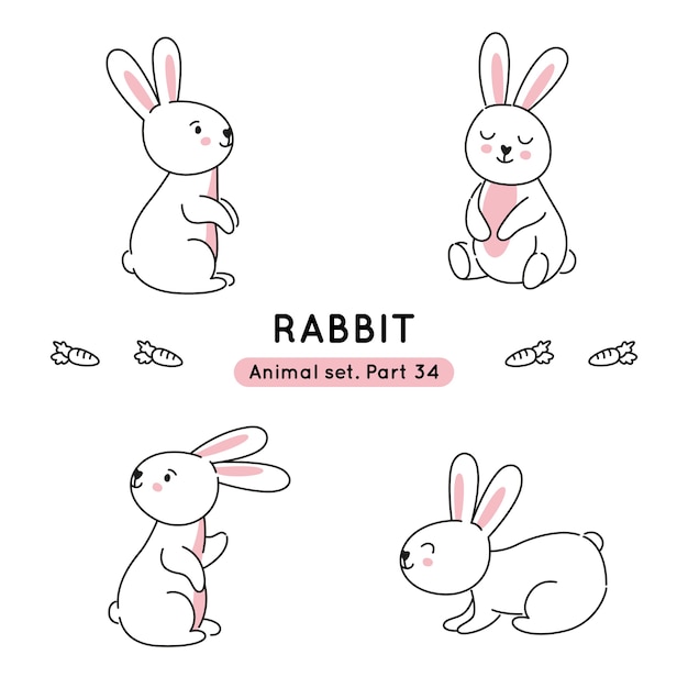 Set of doodle rabbits in various poses isolated