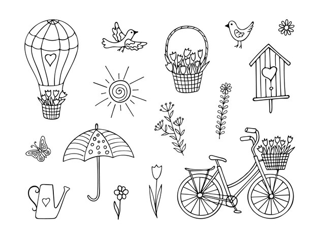 Vector set of doodle spring elements - bike, balloon, basket, tulip, bird, umbrella and birdhouse.