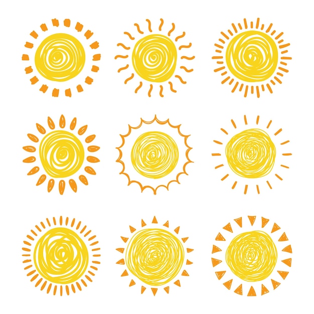 Set of doodle suns sketch hand drawn style