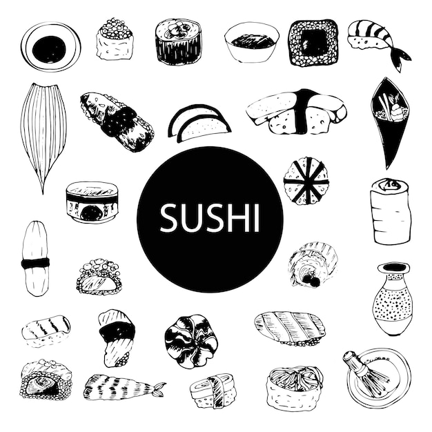 Set doodle sushi and rolls set vector