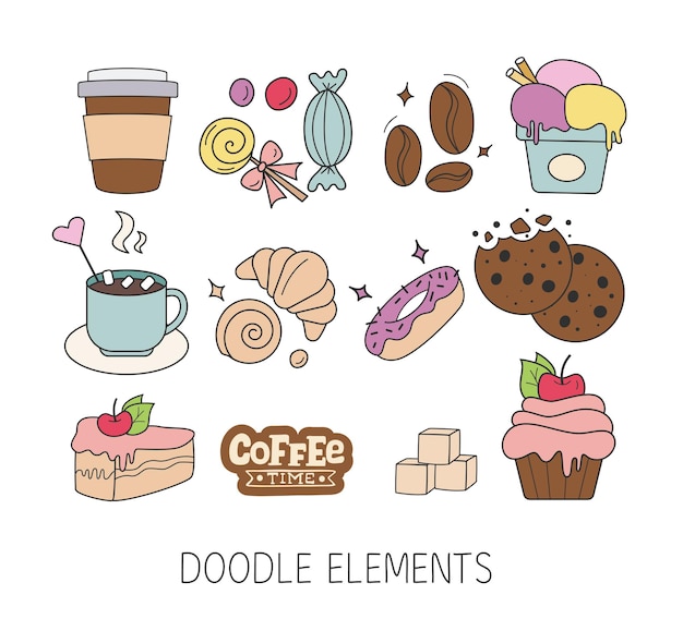 Set of doodle sweets food on white Cakes biscuits baking cookie pastries donut ice cream