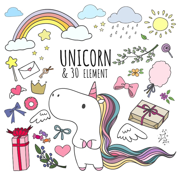 Set of doodle Unicorn and 30 elements.