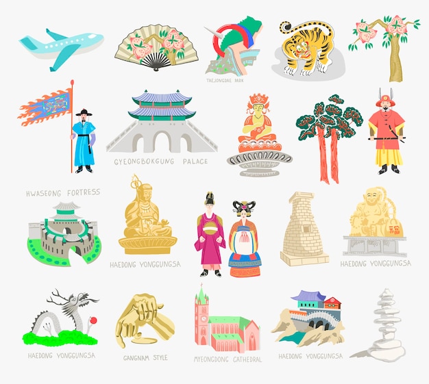 Set of doodle vector illustration sights of South Korea travel collection