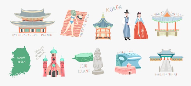 Set of doodle vector illustration sights of South Korea travel collection