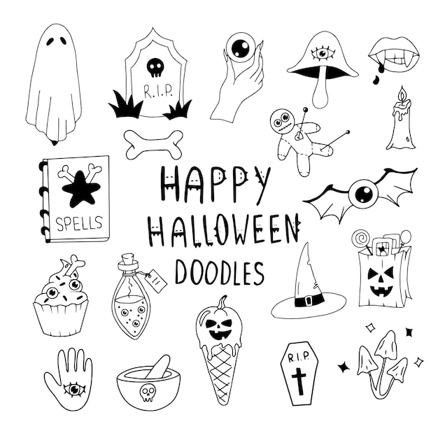 Set of Doodles for Halloween Cute Black Drawings