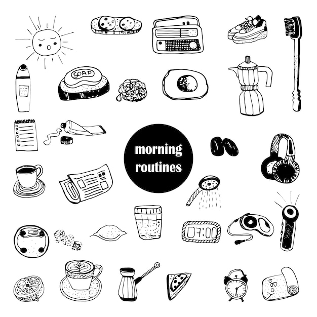 A set of doodles of morning routines before work