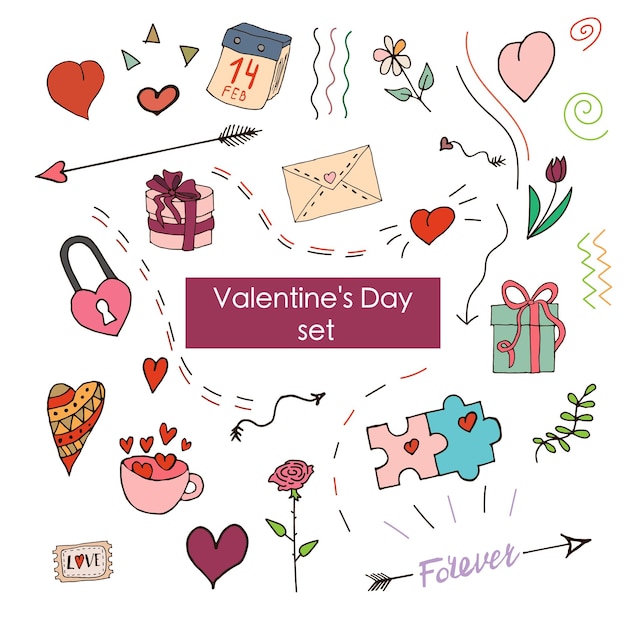 Set of doodles for Valentines Day Vector illustration Colored set of doodles