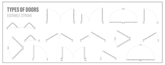 Set of doors for floor plan top view Architectural kit of icons for interior project Door for scheme of apartments Construction symbol graphic design element blueprint map Vector illustration