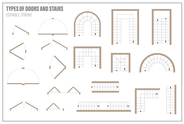 Set of doors and stairs for floor plan top view Kit of icons for interior project Architectural elements for scheme of apartments Construction symbol graphic design element blueprint Vector