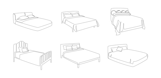 Set of double beds thin icons in line art style Modern comfortable luxury furnitures for bedroom in simple linear style Editable stroke Doodle vector illustration