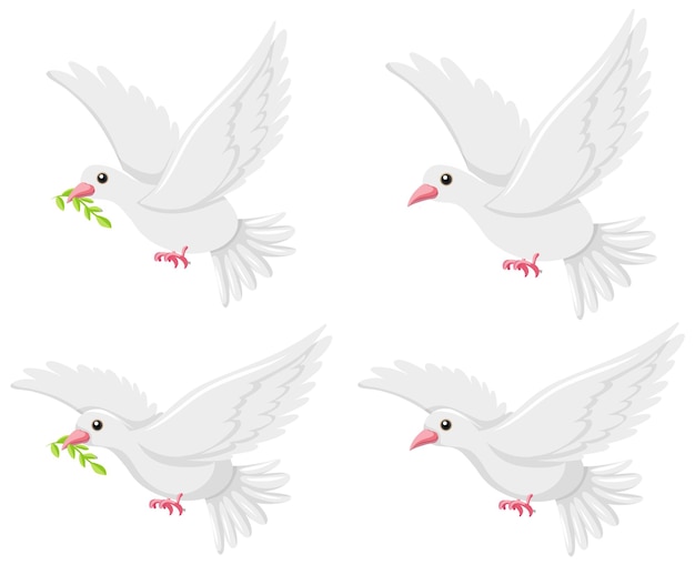 Set of dove birds flying