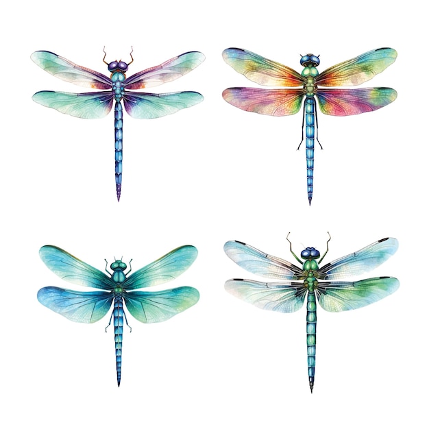 Set of dragonfly insect watercolor paint ilustration