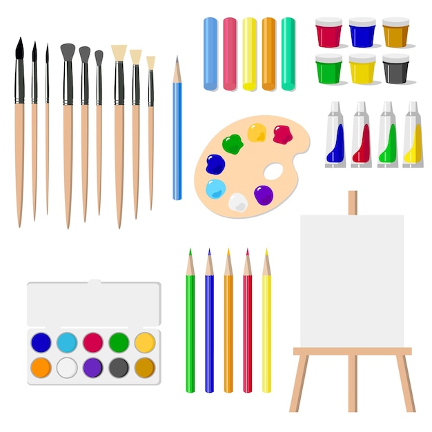 set of drawing tools an easel paints brushes pencils crayons isolated objects on white backgro