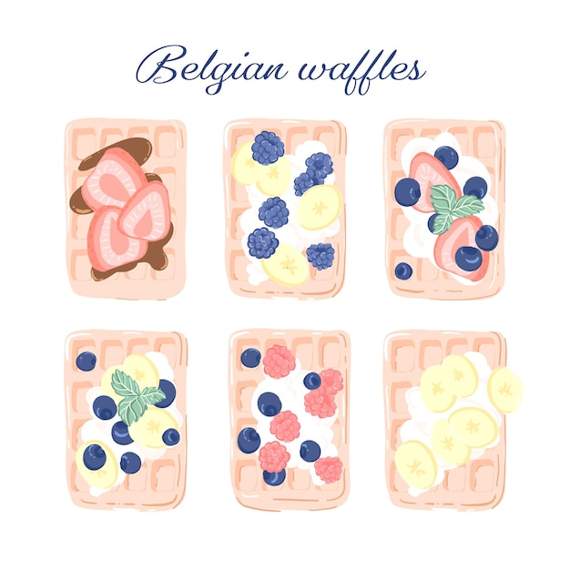 Set of drawing with Belgian waffles decorated with fruits and berries. Hand-drawn illustration for food or lifestyle blog