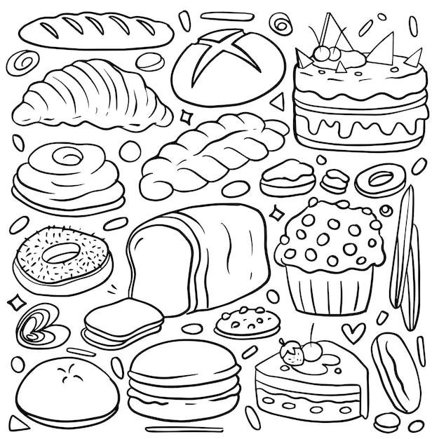 Set of drawings bakery theme cakes pies Bread and pastry collection Bread house vector black and white sketch illustration isolated on white background